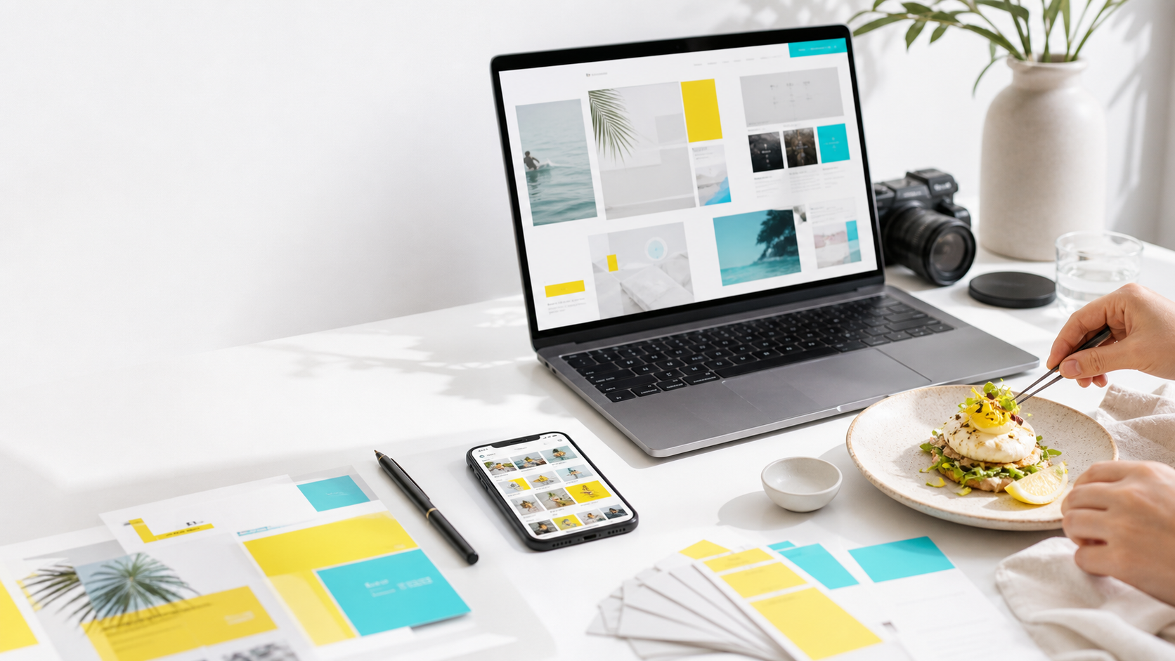 Creative desk with website design and content creation tools
